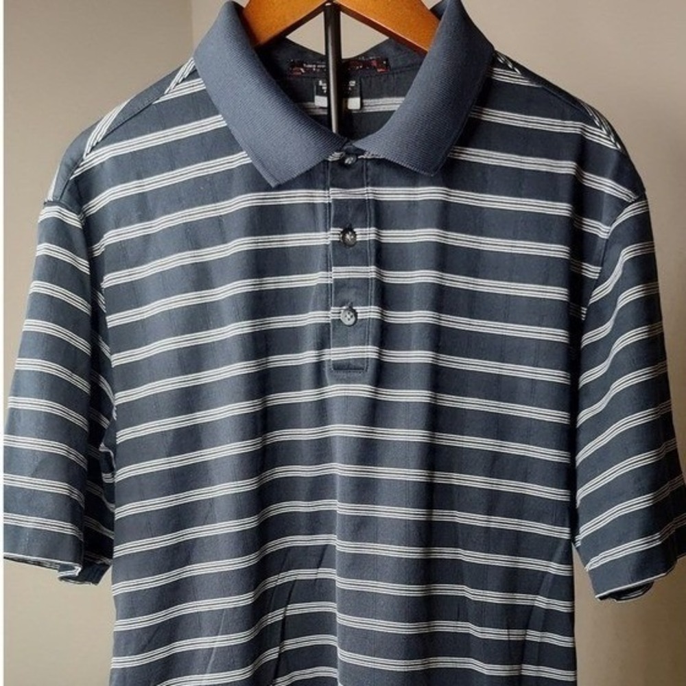 Nike Tiger Woods Collection Polo Men Small Navy Blue Striped Dri-FIT Golf Shirt